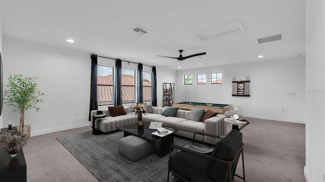 carpeted living area featuring visible vents, baseboards, and billiards