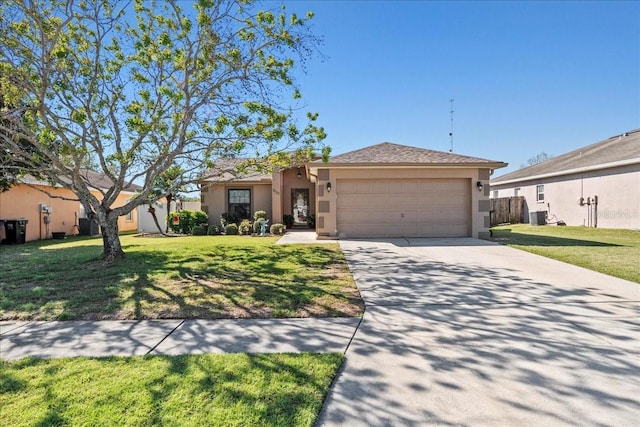 ranch-style home with a front yard, a garage, driveway, and stucco siding