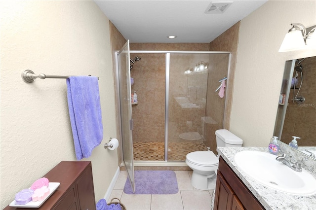 full bathroom with tile patterned flooring, a shower stall, vanity, and visible vents