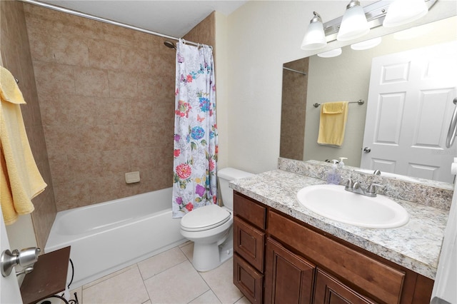 full bath with tile patterned floors, vanity, toilet, and shower / tub combo with curtain