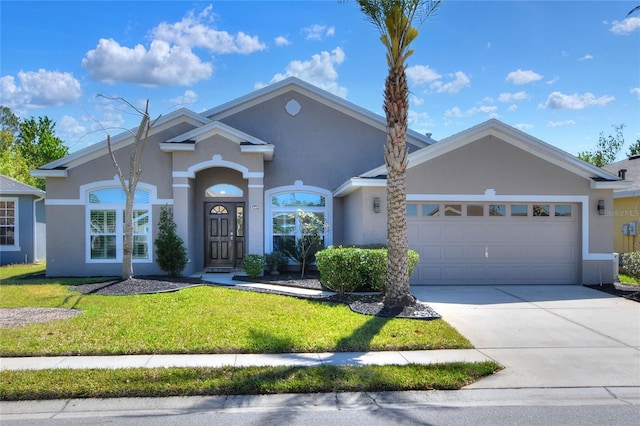 single story home with stucco siding, an attached garage, concrete driveway, and a front yard