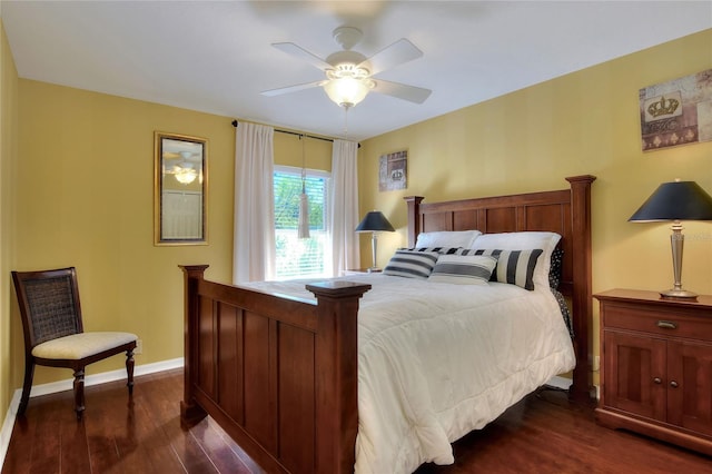 bedroom featuring dark wood-style floors, baseboards, and ceiling fan