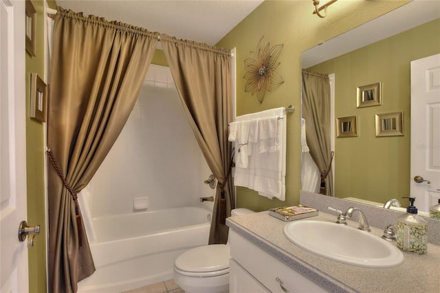 full bathroom featuring vanity, tile patterned floors, toilet, and shower / bath combo with shower curtain