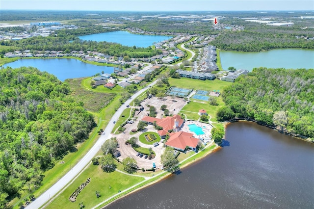 birds eye view of property featuring a water view