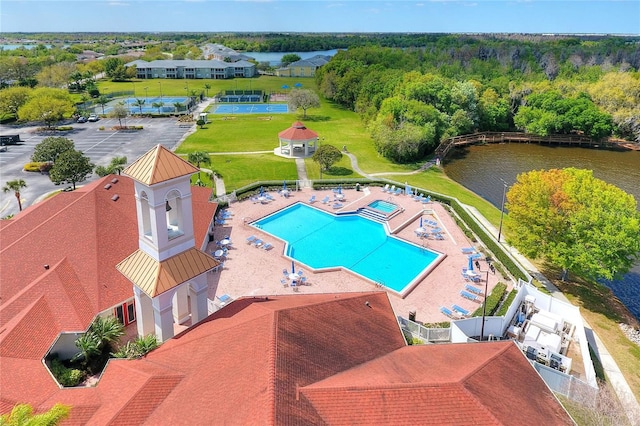 drone / aerial view with a water view