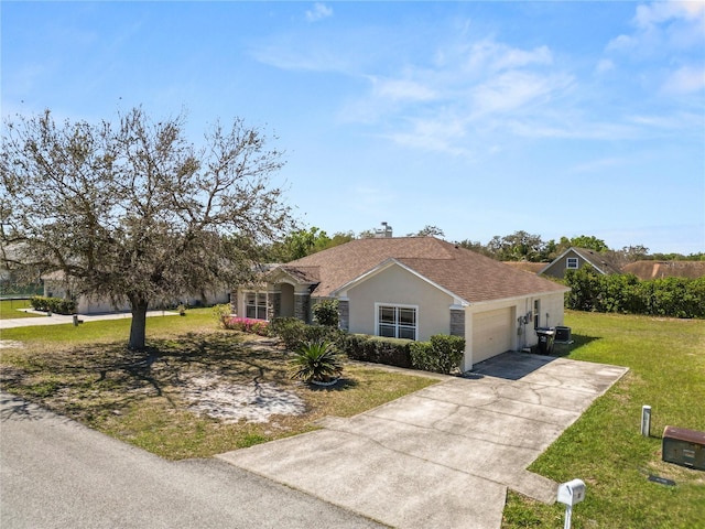 ranch-style house with stucco siding, a front lawn, driveway, a garage, and a chimney