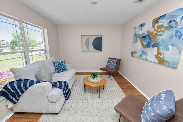 living area featuring baseboards and wood finished floors