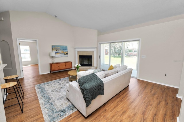 living room featuring lofted ceiling, a healthy amount of sunlight, light wood-style flooring, and a fireplace