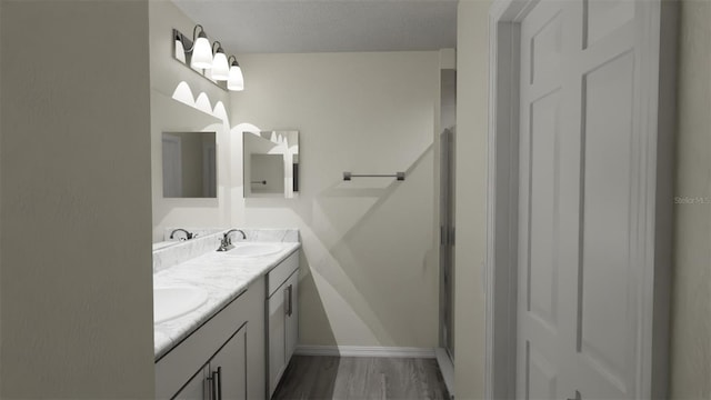 bathroom with double vanity, wood finished floors, baseboards, and a sink