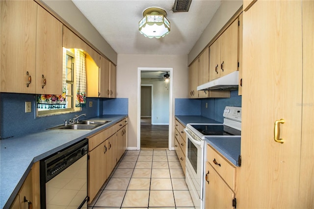 kitchen featuring dishwashing machine, a sink, under cabinet range hood, white electric range, and tasteful backsplash