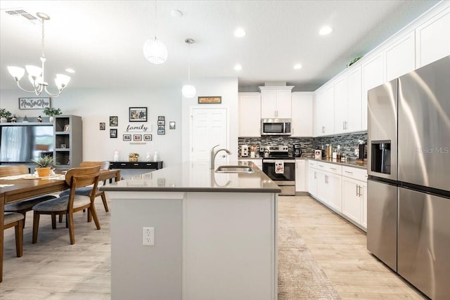 kitchen featuring decorative backsplash, light wood-style flooring, stainless steel appliances, white cabinetry, and a sink