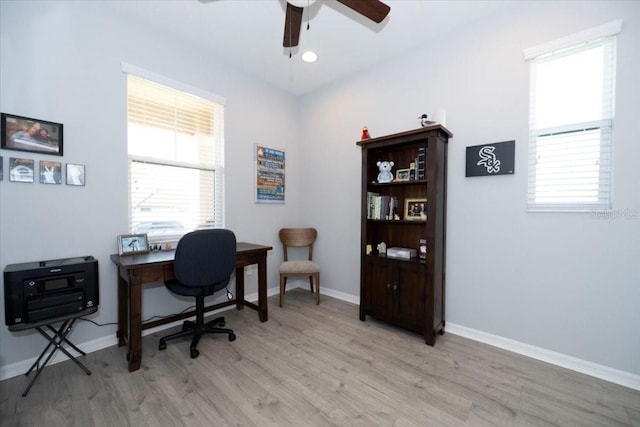 office with plenty of natural light, baseboards, light wood finished floors, and ceiling fan