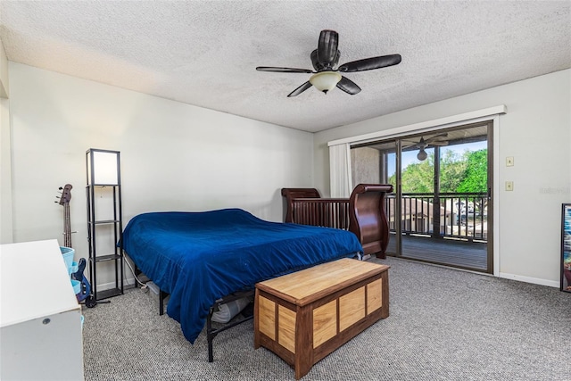 bedroom featuring a ceiling fan, baseboards, a textured ceiling, access to outside, and carpet flooring