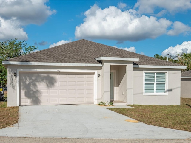 single story home with driveway, stucco siding, a shingled roof, a front lawn, and a garage