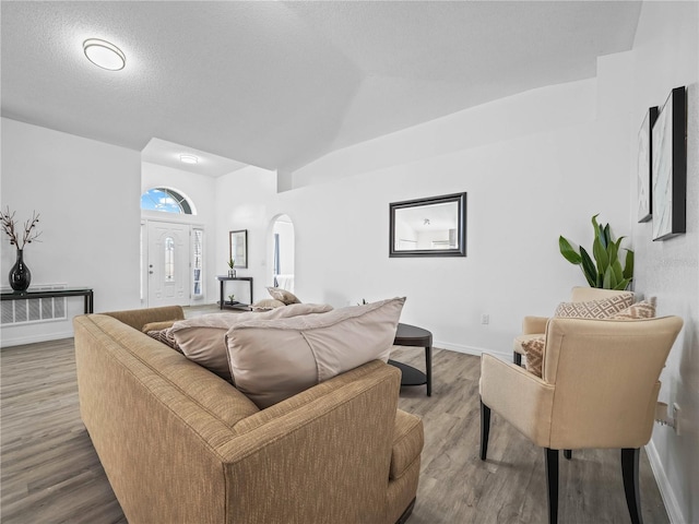 living area featuring lofted ceiling, a textured ceiling, wood finished floors, arched walkways, and baseboards