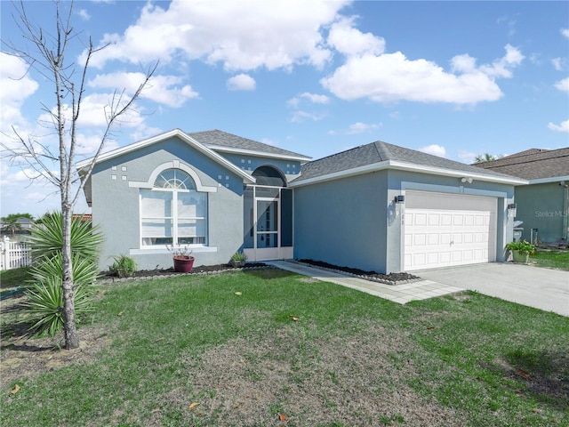 ranch-style house featuring fence, concrete driveway, a front yard, stucco siding, and an attached garage