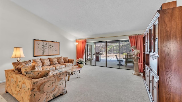 carpeted living area featuring lofted ceiling and a textured ceiling