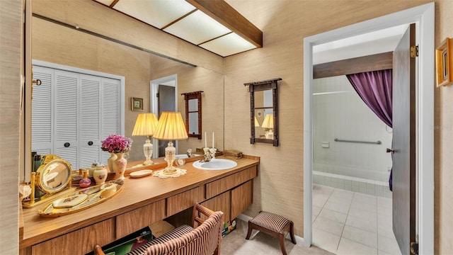 bathroom with vanity and tile patterned flooring