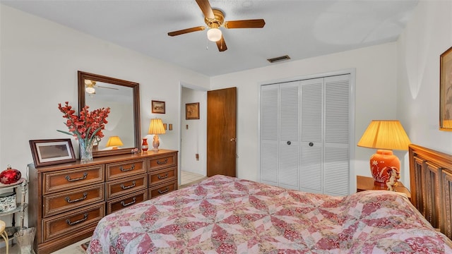 bedroom with a closet, visible vents, and a ceiling fan