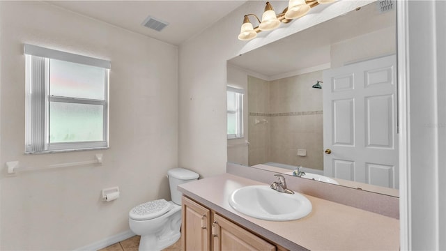 full bath featuring tile patterned floors, visible vents, toilet, baseboards, and vanity