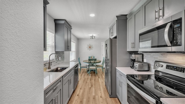 kitchen with a sink, light countertops, gray cabinets, and stainless steel appliances