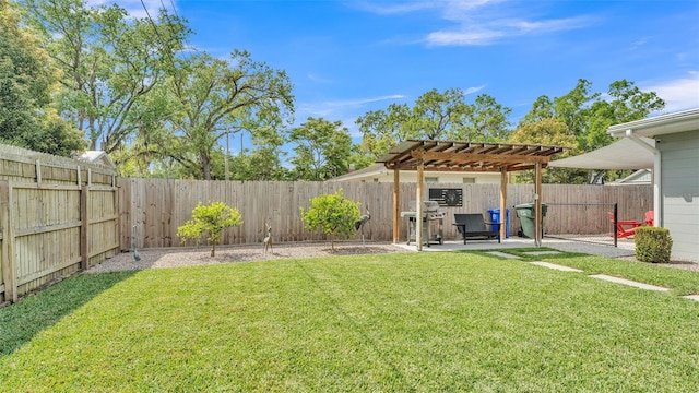 view of yard featuring a patio, a fenced backyard, and a pergola