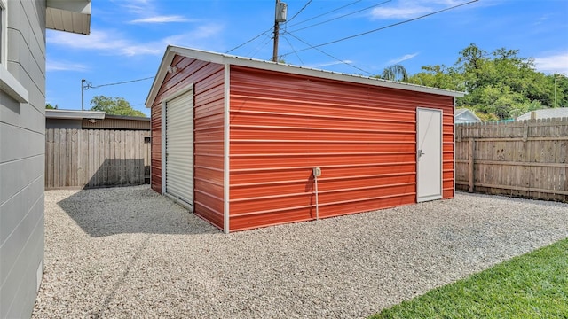 view of outbuilding featuring an outdoor structure and a fenced backyard