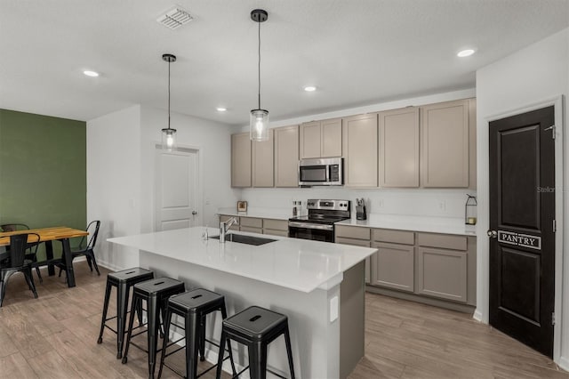 kitchen featuring a sink, light wood-type flooring, appliances with stainless steel finishes, and visible vents