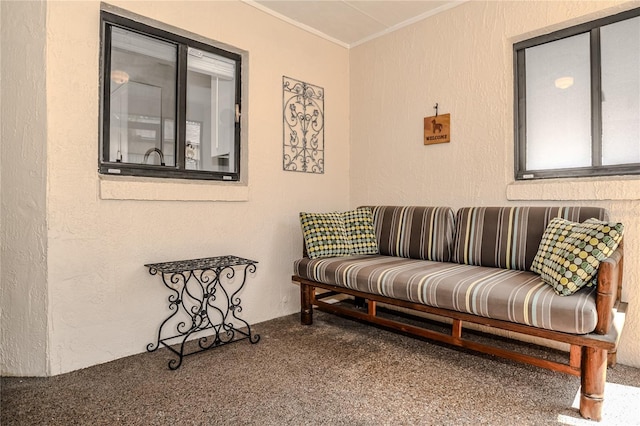 sitting room with a textured wall, carpet flooring, and crown molding