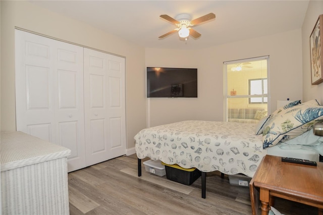 bedroom with a ceiling fan, wood finished floors, and a closet