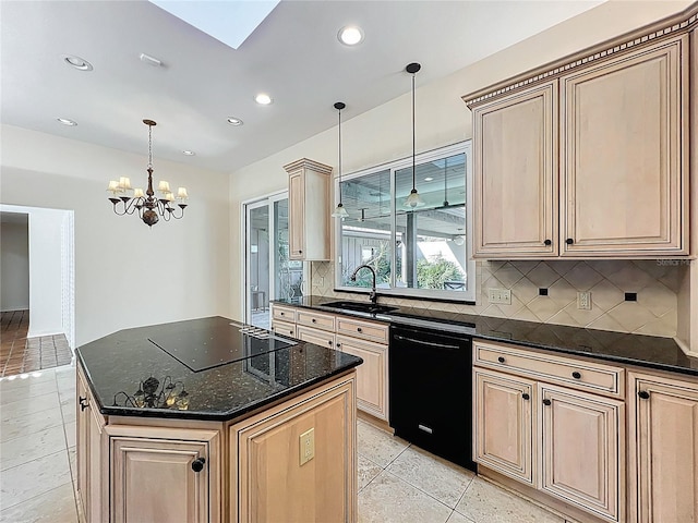 kitchen with black appliances, a sink, light tile patterned flooring, decorative backsplash, and a chandelier