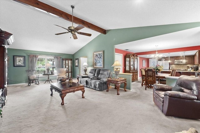 living room with vaulted ceiling with beams, ceiling fan with notable chandelier, baseboards, and light carpet