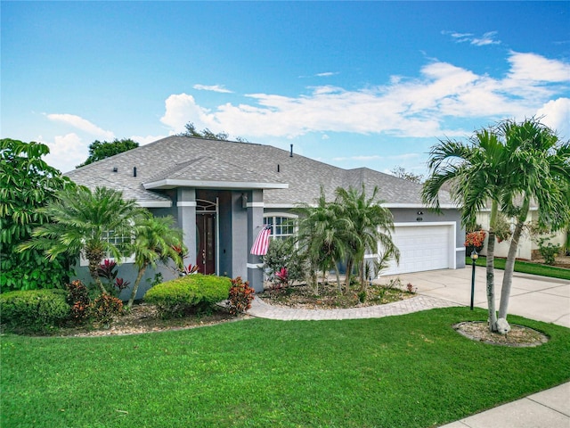 2420 Windchaser Ct, Melbourne, FL 32904 - view of front of house with an attached garage, driveway, stucco siding, and a front lawn