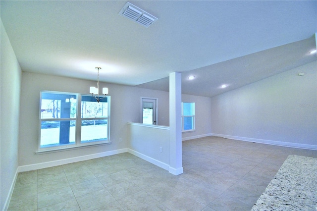spare room featuring an inviting chandelier, recessed lighting, baseboards, and visible vents