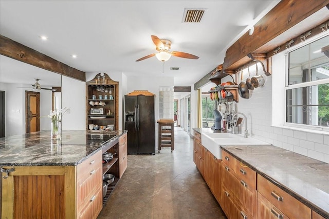 8922 Pritcher Rd, Lithia, FL 33547 - kitchen featuring black refrigerator with ice dispenser, ceiling fan, a sink, open shelves, and recessed lighting