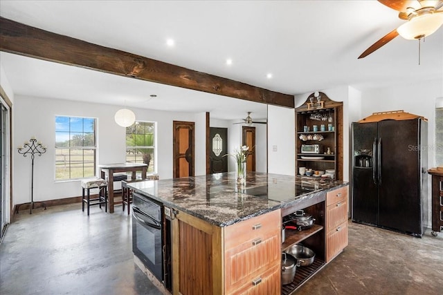 8922 Pritcher Rd, Lithia, FL 33547 - kitchen featuring black appliances, ceiling fan, open shelves, beamed ceiling, and recessed lighting