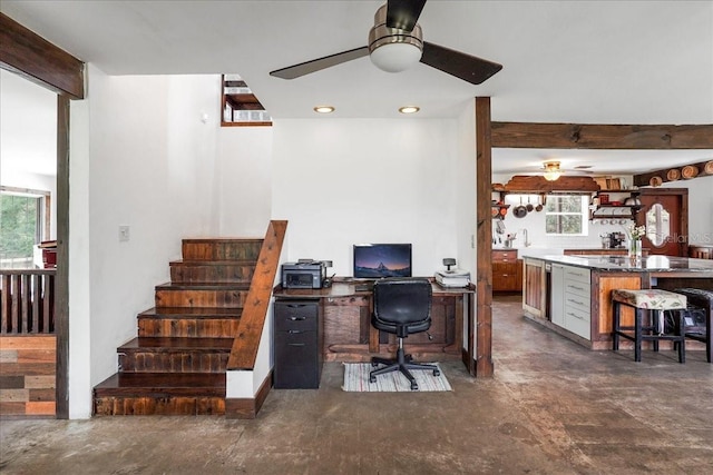 8922 Pritcher Rd, Lithia, FL 33547 - office area featuring ceiling fan, healthy amount of natural light, concrete floors, beam ceiling, and recessed lighting