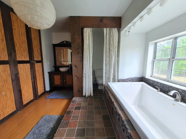 8922 Pritcher Rd, Lithia, FL 33547 - full bathroom with rail lighting, a relaxing tiled tub, toilet, and wood finished floors