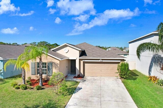 ranch-style house featuring a garage, driveway, a front lawn, and stucco siding