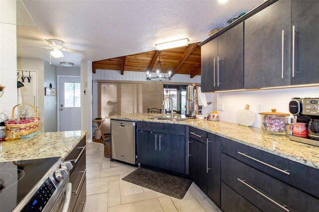 kitchen with a textured ceiling, ceiling fan, appliances with stainless steel finishes, a sink, and backsplash
