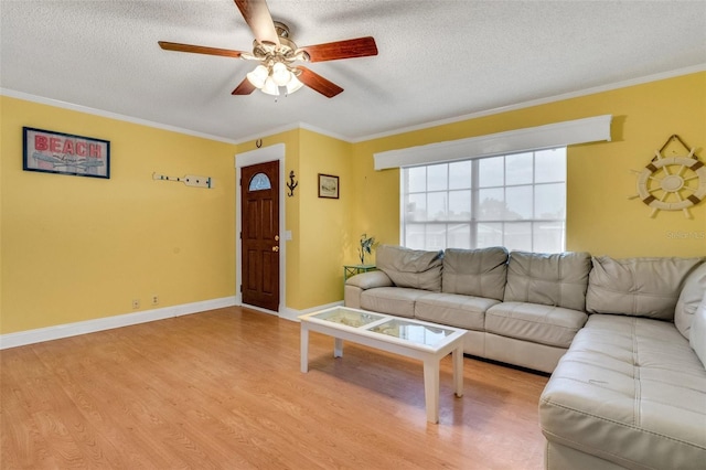 202 Saint Lucie Rd, Winter Haven, FL 33884 - living area with wood finished floors, a textured ceiling, ceiling fan, and crown molding