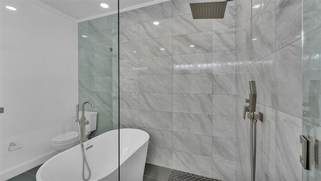bathroom with tile walls, a walk in shower, tile patterned floors, crown molding, and a freestanding bath