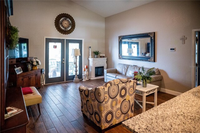811 W Heron Pl, Winter Haven, FL 33884 - living room with vaulted ceiling, dark wood finished floors, french doors, and a glass covered fireplace