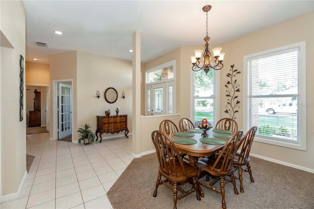 dining room featuring recessed lighting, visible vents, light tile patterned flooring, baseboards, and a notable chandelier