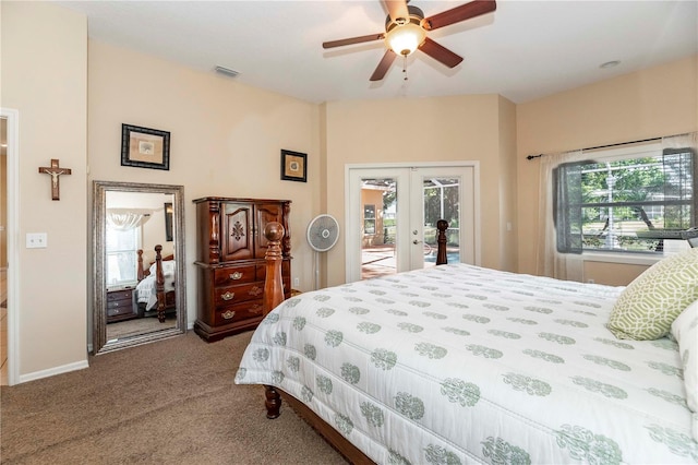 bedroom with a ceiling fan, french doors, carpet flooring, access to exterior, and visible vents