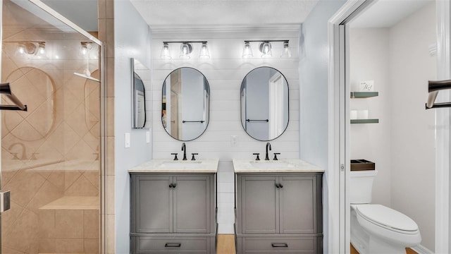 3273 Sennett Cir, Oxford, FL 34484 - full bathroom with a stall shower, toilet, a sink, and two vanities