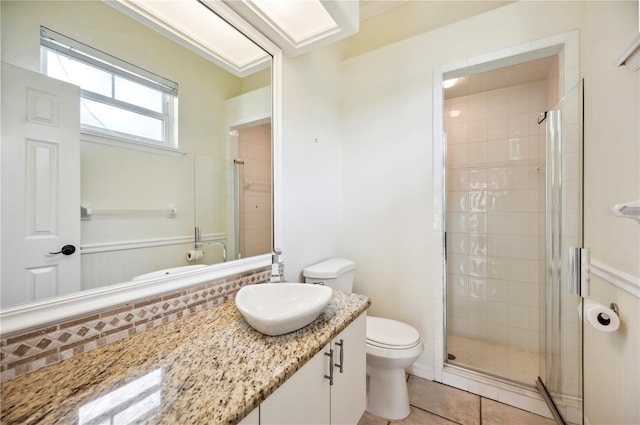 bathroom featuring a shower stall, toilet, tile patterned floors, and vanity