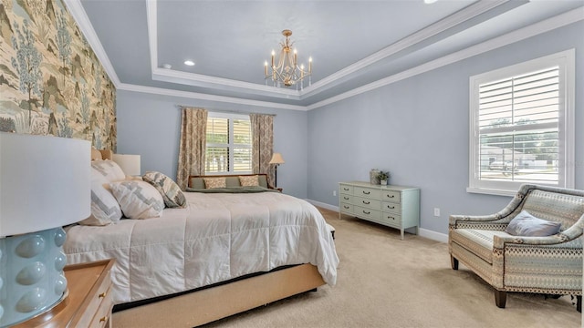 6372 English Creek Dr, Lakeland, FL 33811 - bedroom featuring a chandelier, light colored carpet, ornamental molding, and a raised ceiling