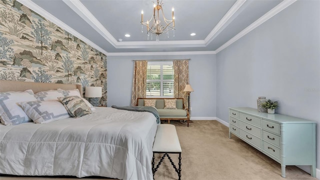 6372 English Creek Dr, Lakeland, FL 33811 - bedroom featuring a chandelier, a raised ceiling, light colored carpet, and crown molding