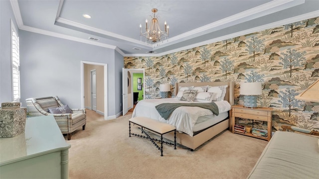 6372 English Creek Dr, Lakeland, FL 33811 - carpeted bedroom featuring a tray ceiling, a chandelier, crown molding, multiple windows, and recessed lighting